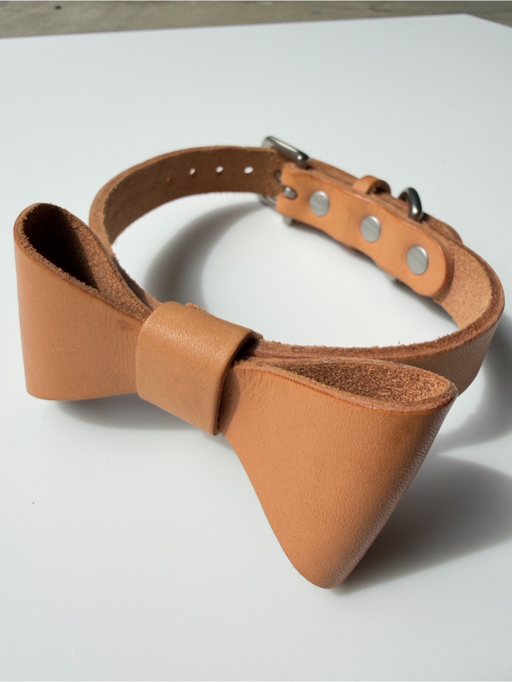 Peach Leather Bow Dog Collar with Silver Hardware - Designer Style